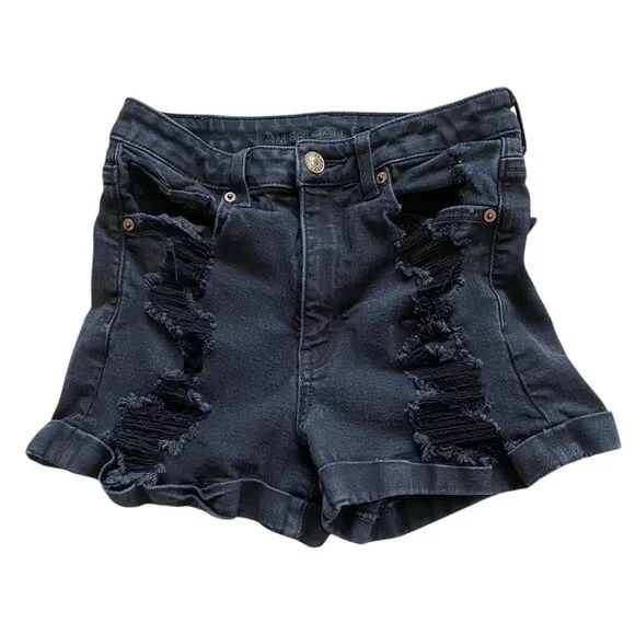 American Eagle Womens Mom Short Distressed Faded Black Cuffed Size 2 Stretch - Picture 1 of 8